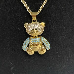 Gold and Blue Teddy Bear Pendant Necklace